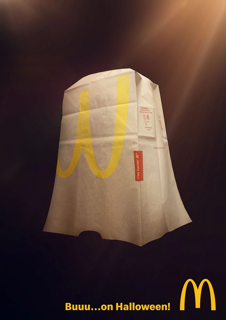 Halloween creative ad: Upside-down takeaway paper bag shaped like a ghost