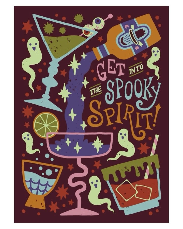 Halloween creative ad: Illustrated Halloween cocktails with bottle pouring starry liquid and ghosts