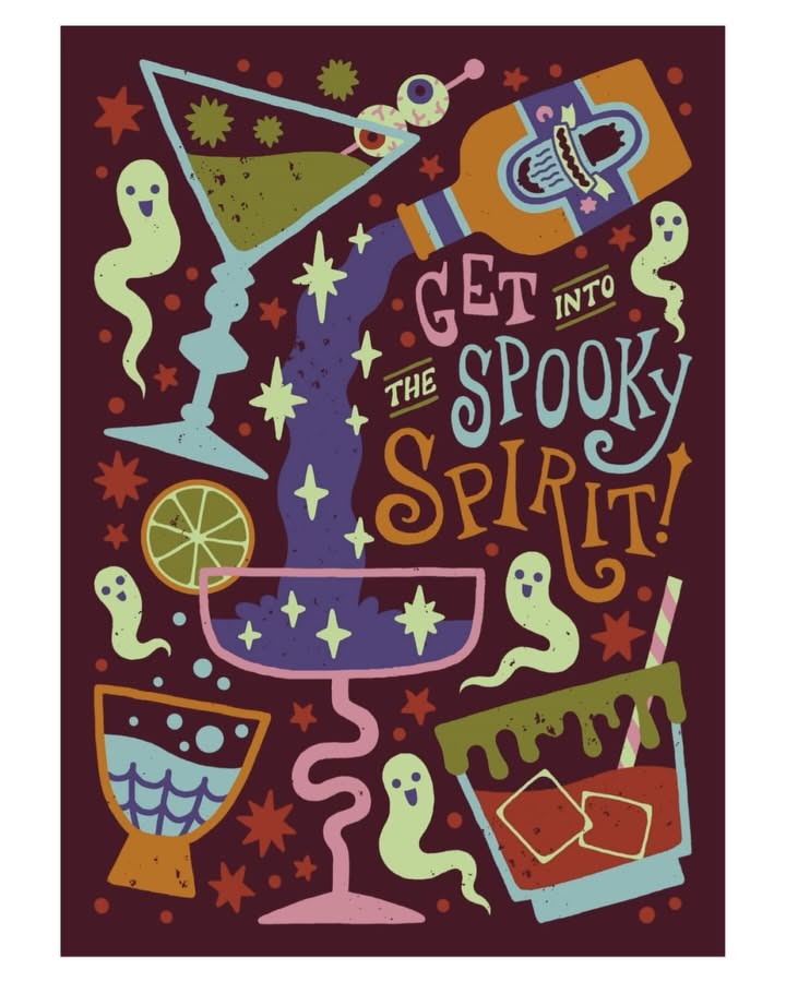 Illustrated Halloween cocktails with bottle pouring starry liquid and ghosts