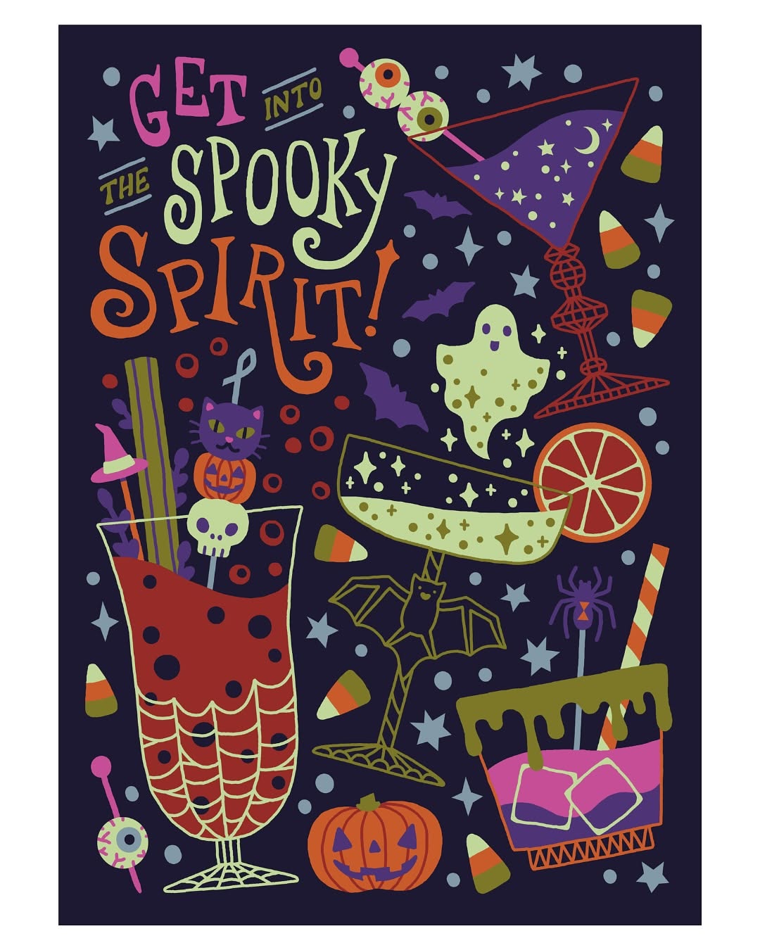 Illustrated Halloween cocktails with bottle pouring starry liquid and ghosts