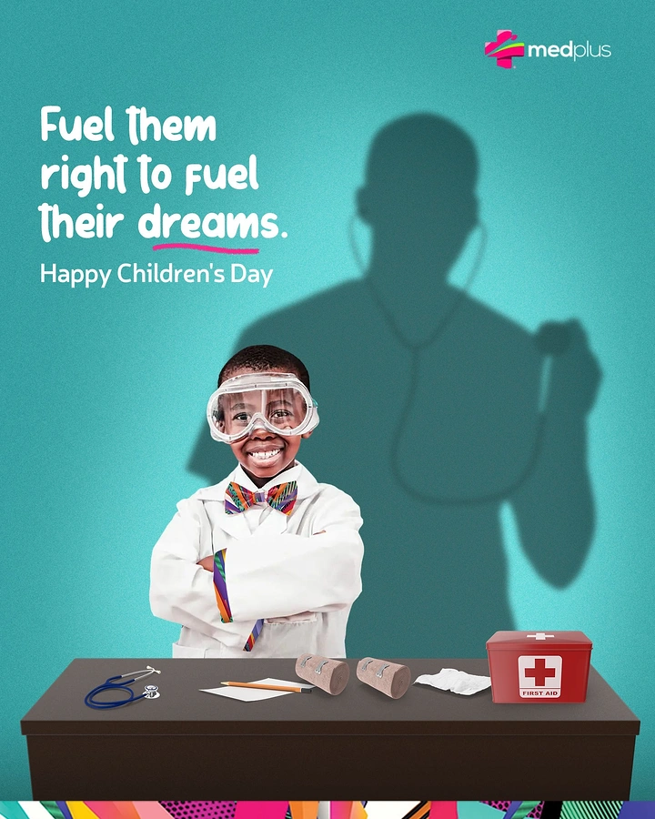 Children's Day creative ad: Smiling child in a lab coat and goggles casting the shadow of an adult doctor