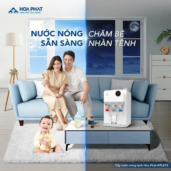Water Purifiers creative ad: Split day/night hot-cold dispenser scene