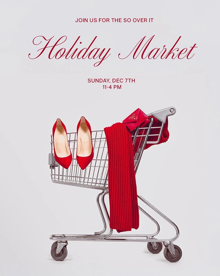 Christmas creative ad: Vintage shopping cart holding red heels, a red knit scarf and a red wallet