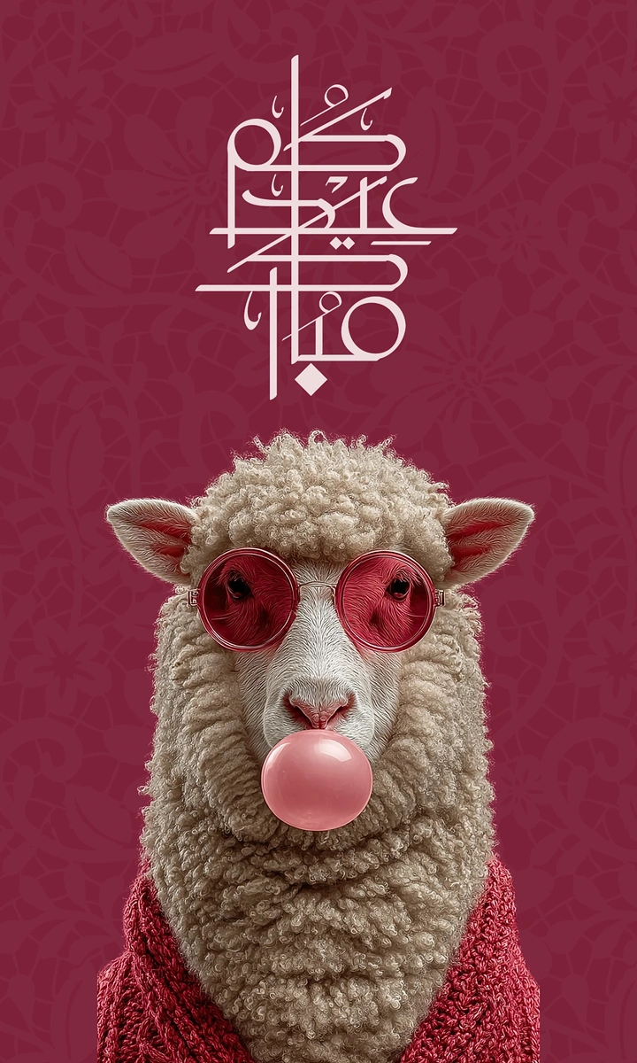 Eid creative ad: Sheep in round pink sunglasses blowing a bubble-gum bubble