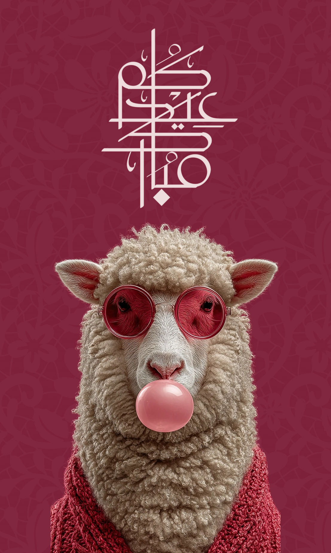 Eid Story: Sheep in round pink sunglasses blowing a bubble-gum bubble