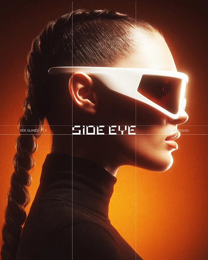 Opticians & Eye Care creative ad: Profile of a woman wearing white wraparound shield sunglasses