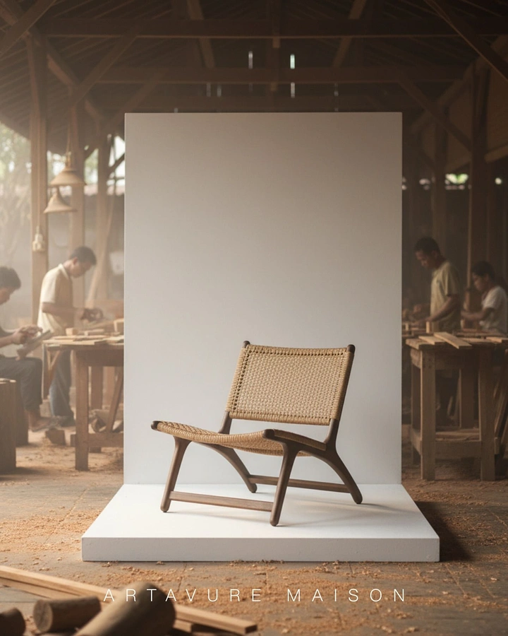 Creative ad: Walnut and woven-cord lounge chair on a white plinth in a workshop