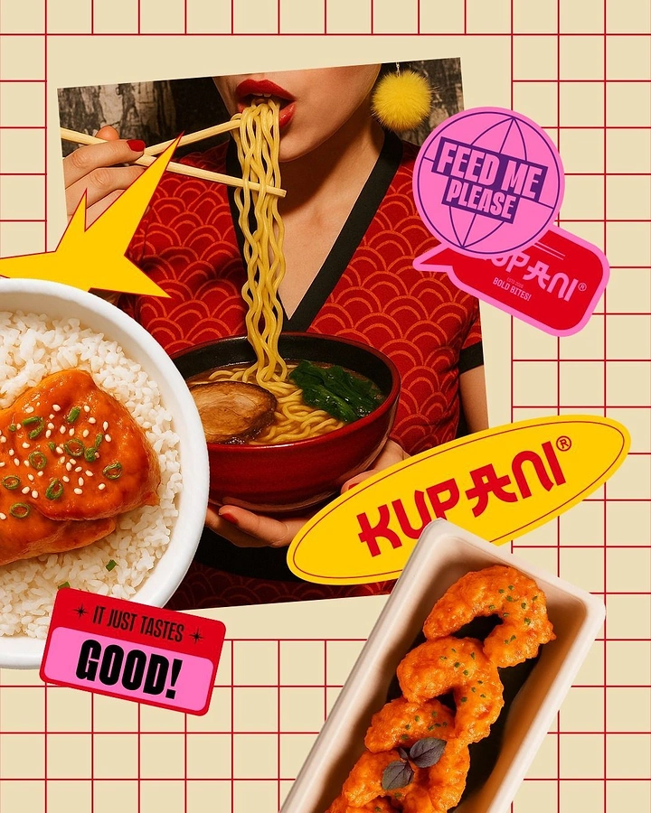 Korean Restaurants creative ad: Comic slurping scene with witty labels