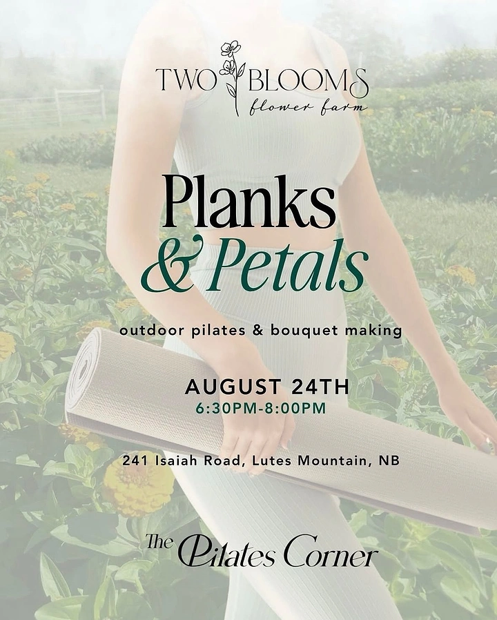 Pilates Studios creative ad: Woman in sage activewear carrying rolled mat through a flower farm