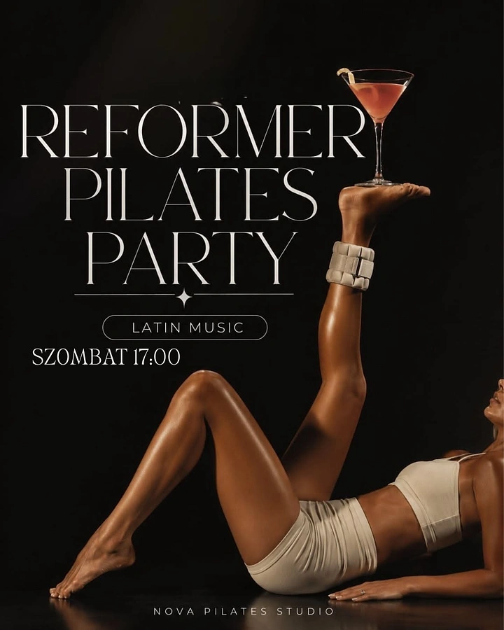 Pilates Studios creative ad: Reclining woman balancing a cocktail glass on her raised foot