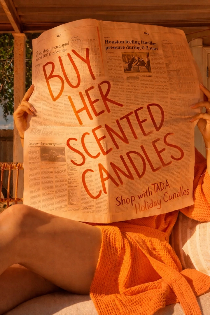 Christmas creative ad: Woman in orange robe hiding behind a newspaper painted with a message