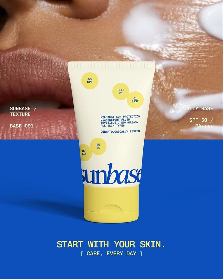 Creative ad: Sunscreen tube over split macro-skin and cobalt background