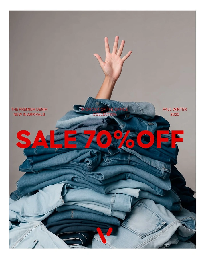 Denim & Jeans Brands creative ad: Hand emerging from denim sale pile