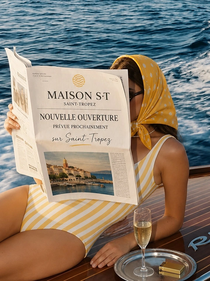 Creative ad: Woman on a wooden speedboat reading a newspaper announcing a store opening