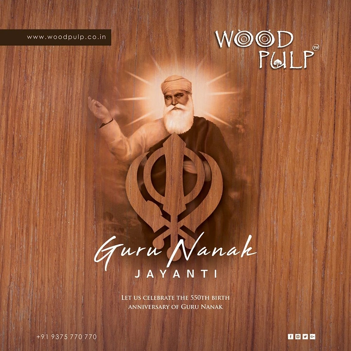 Guru Nanak Jayanti creative ad: Carved wooden Khanda over sepia Guru Nanak portrait on wood grain