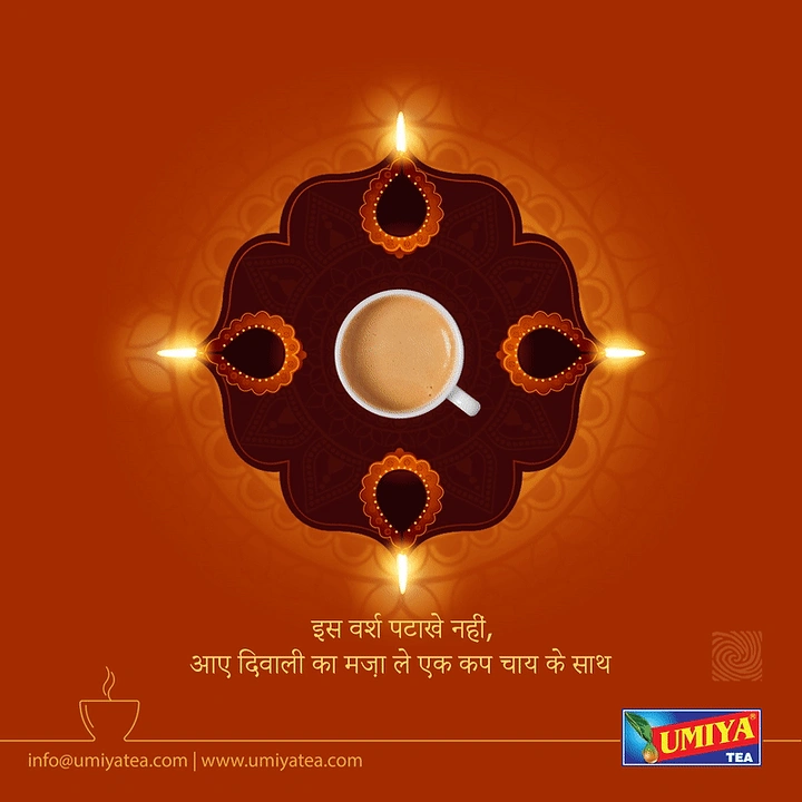 Diwali creative ad: Top-down cup of milk tea at centre of a rangoli-style frame with four diyas