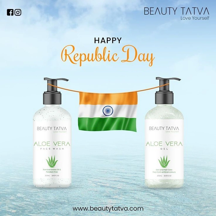 Republic Day creative ad: Two aloe vera pump bottles holding a flag bunting between them