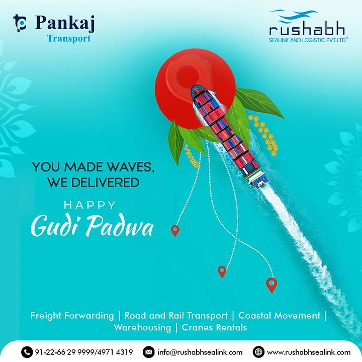 other-festival creative ad: Aerial container ship forming a gudi stick under a red kalash