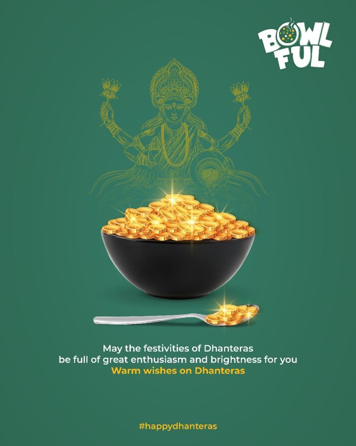 Black bowl overflowing with sparkling gold coins beneath Lakshmi line art