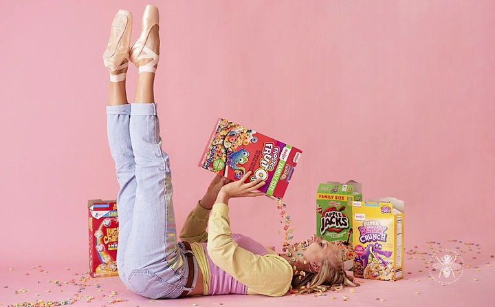 Breakfast Cereals & Oats creative ad: Upside-down lifestyle cereal composition