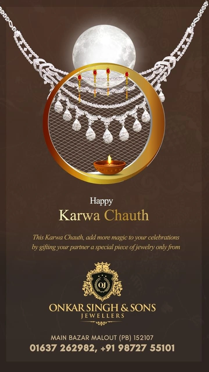 Karwa Chauth creative ad: Diamond necklace draped around a gold sieve with full moon and diya