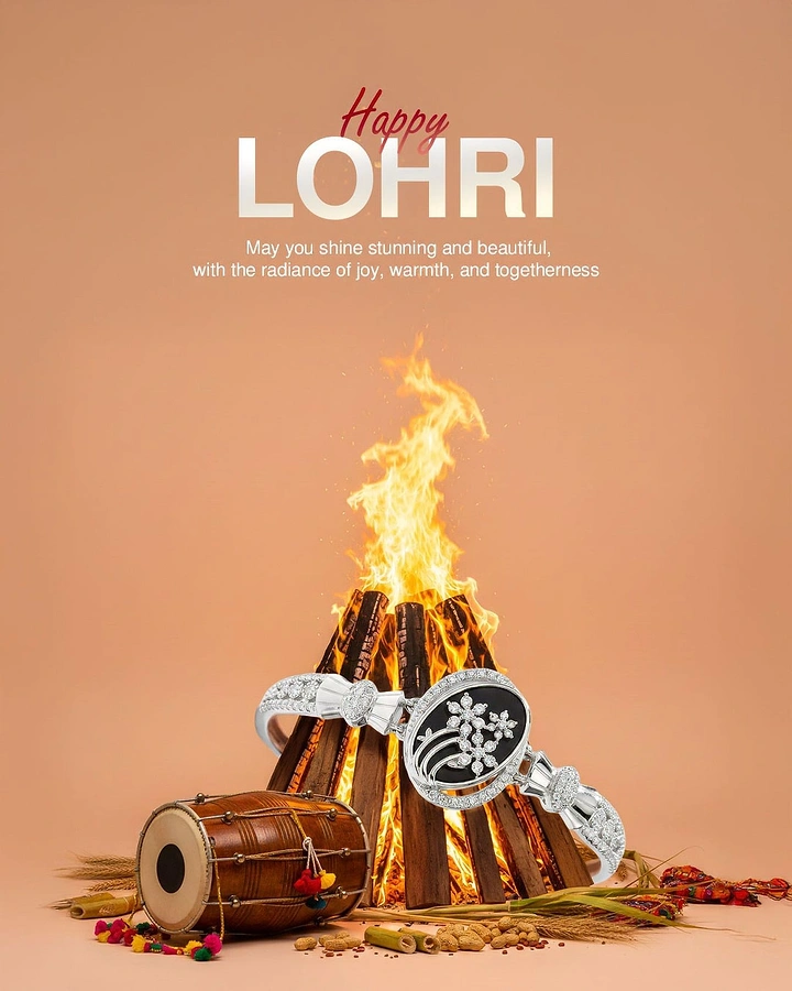 Lohri creative ad: Diamond bangle-watch resting on a Lohri bonfire