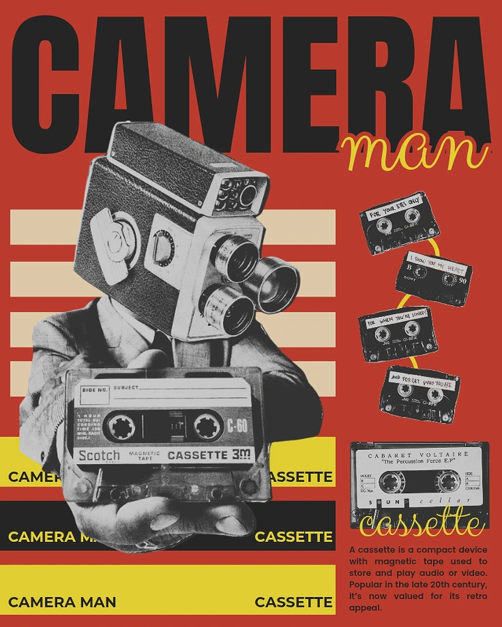Cameras & Camera Stores creative ad: Retro camera-man cassette visual concept