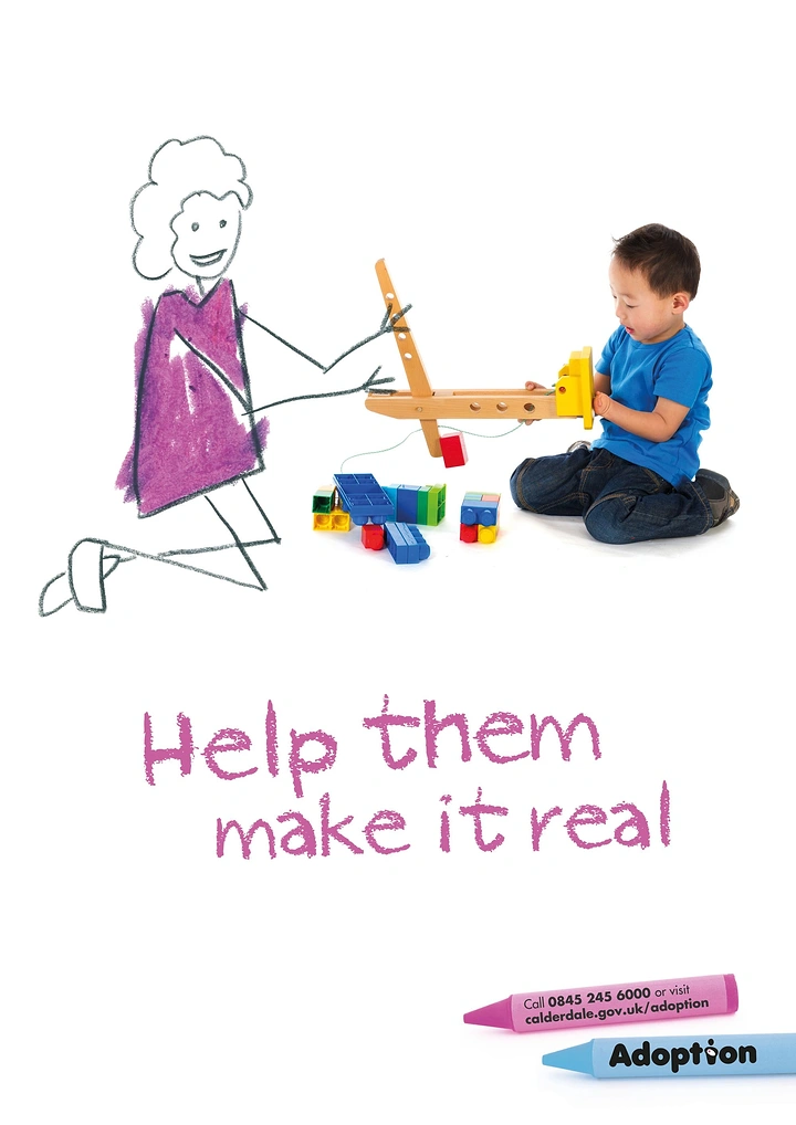 Children's Day creative ad: Toddler playing with blocks beside a crayon-drawn imaginary mother