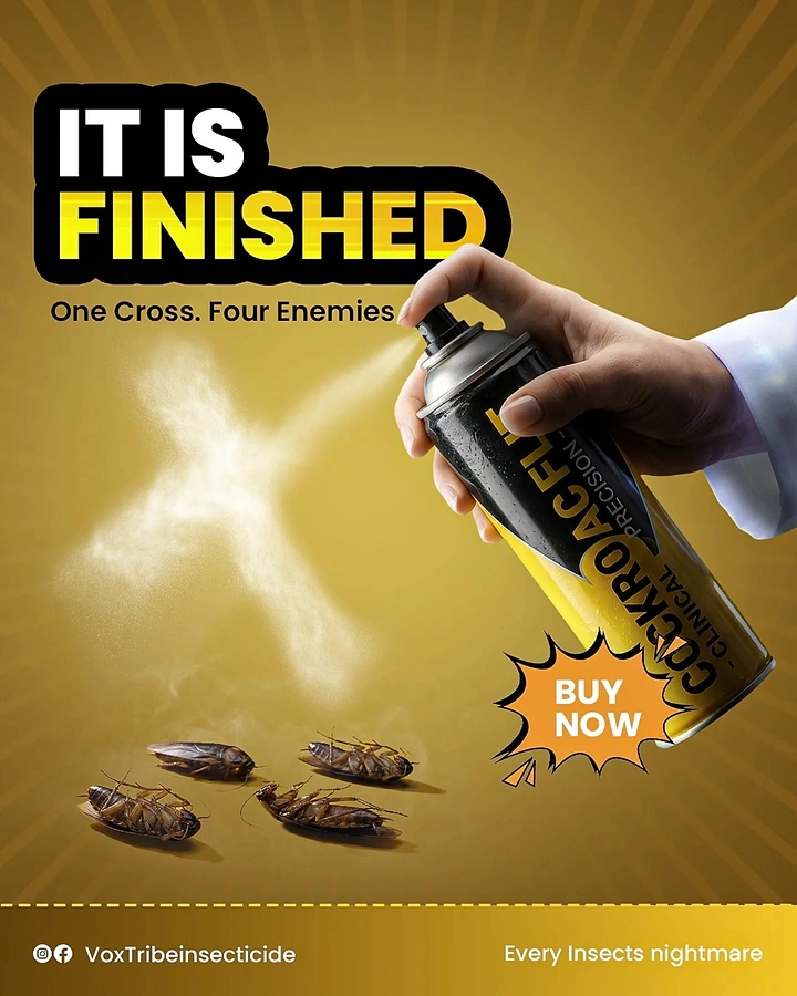 Pest Control creative ad: Spray mist forms X: 'One cross, four enemies'