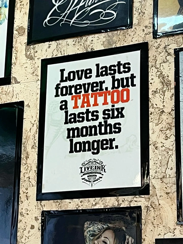 Tattoo Studios creative ad: Witty tattoo outlasts love poster copy
