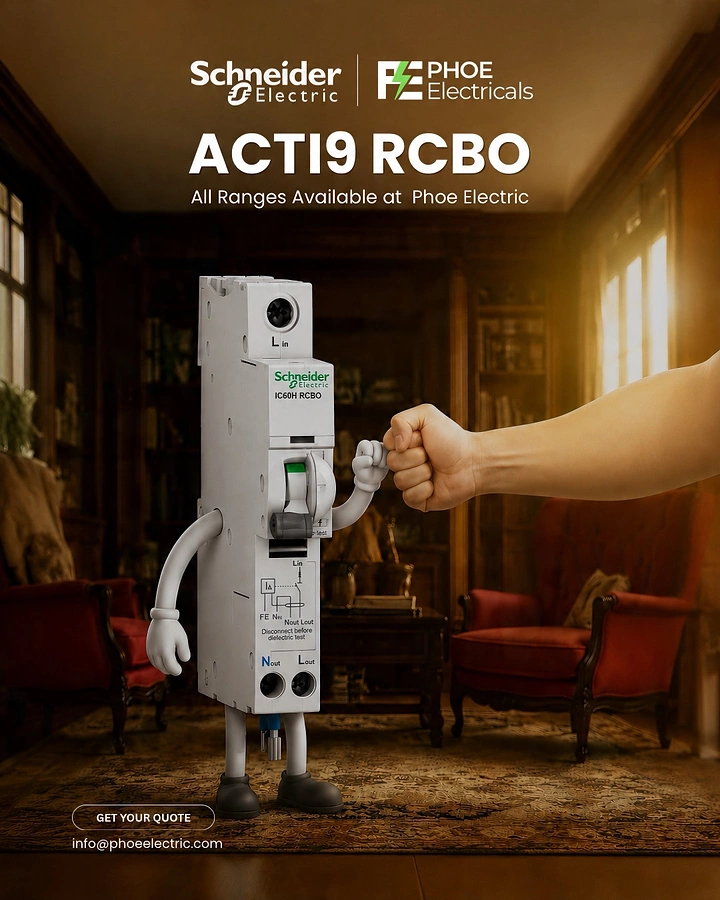 Electricians creative ad: RCBO breaker personified, fist-bumping a hand