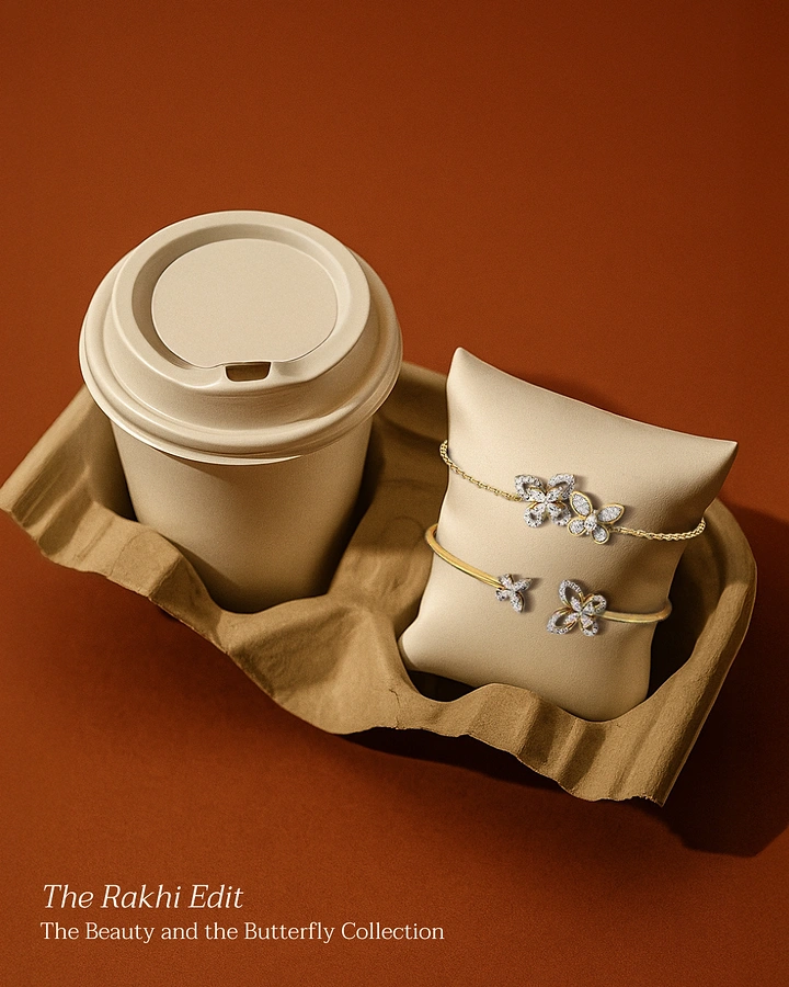 Raksha Bandhan creative ad: Diamond butterfly bracelets on a pillow beside a coffee cup in a takeaway carrier