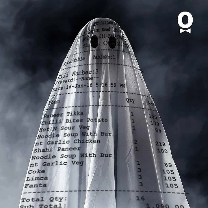 Halloween creative ad: Sheet ghost whose drape is a printed restaurant bill