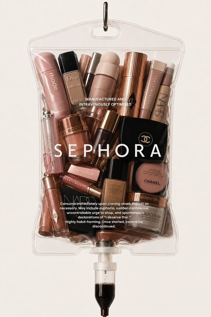 Ecommerce creative ad: Transparent IV drip bag packed with makeup products