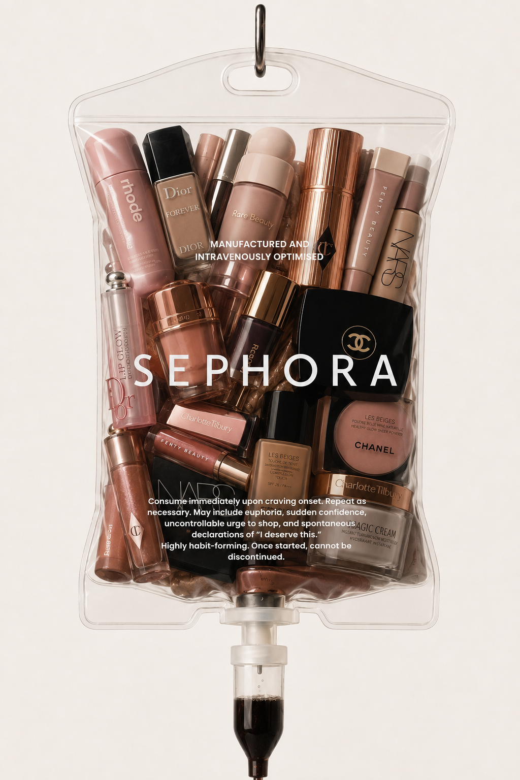 Poster: Transparent IV drip bag packed with makeup products