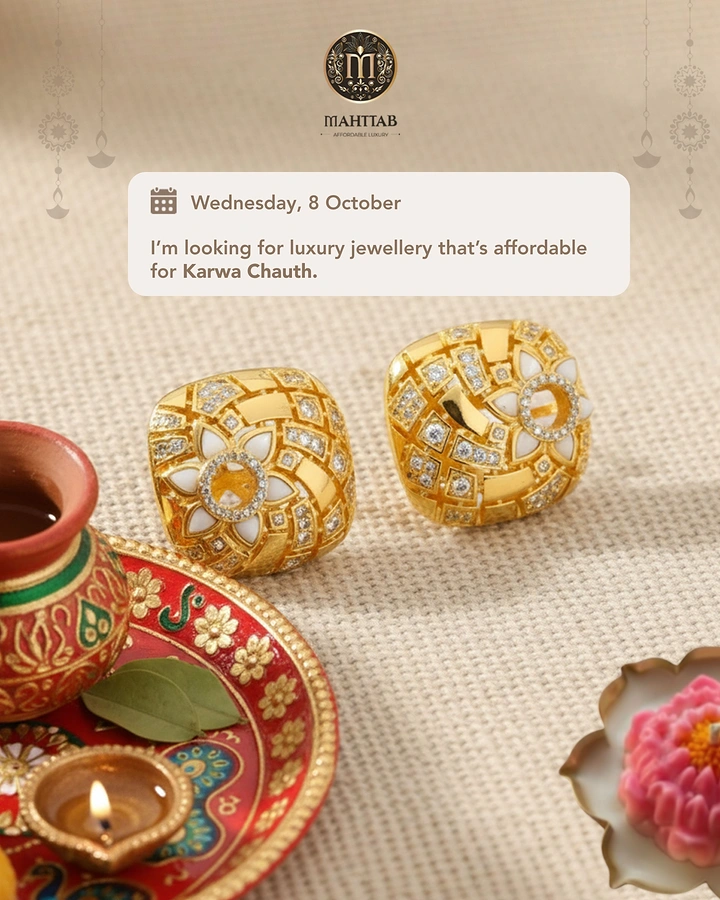 Karwa Chauth creative ad: Gold diamond stud earrings on woven fabric beside a puja thali