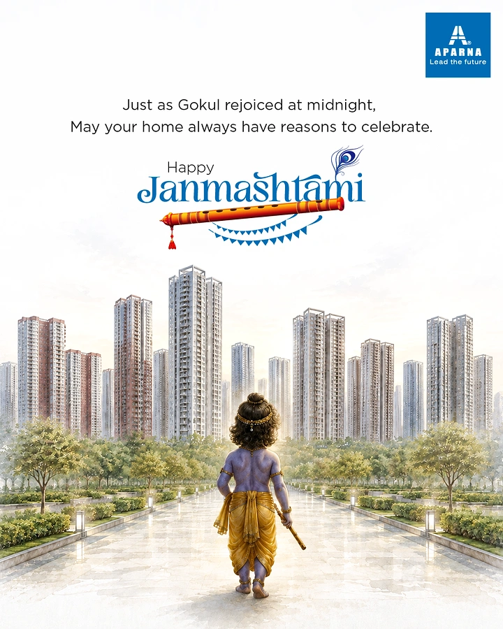 Janmashtami creative ad: Child Krishna walking toward a high-rise township