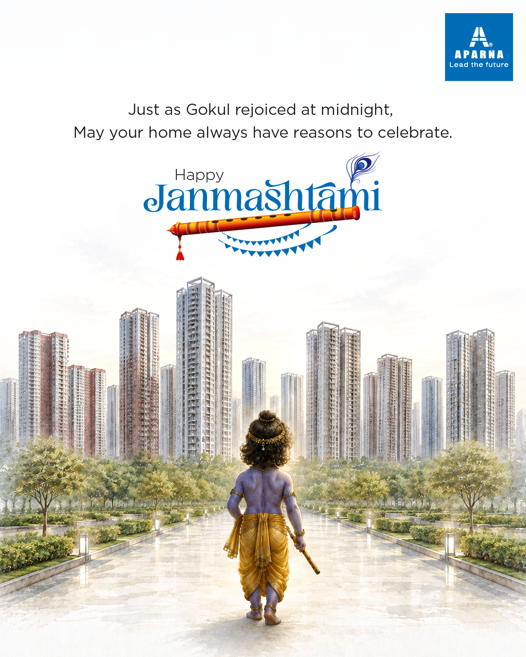 Child Krishna walking toward a high-rise township