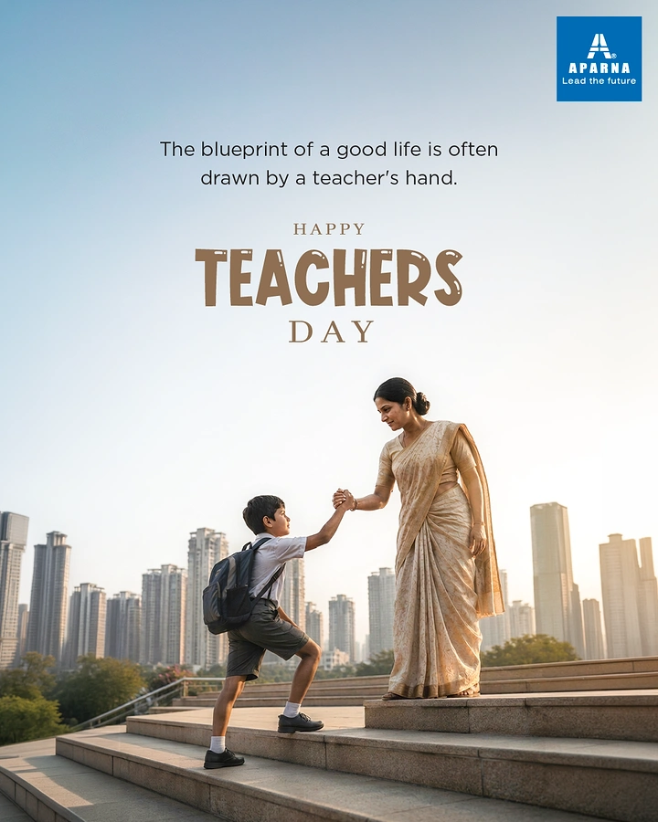 Teachers Day creative ad: Teacher in a saree helping a schoolboy up steps in front of a skyline