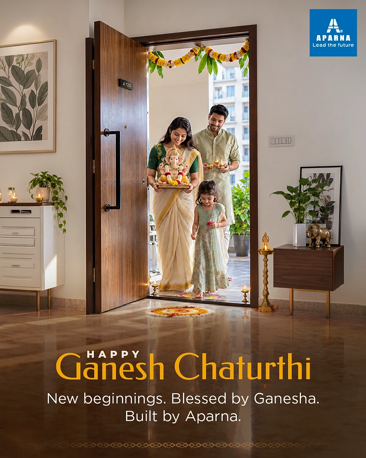 Ganesh Chaturthi creative ad: Family carrying Ganesha idol through the front door of a new apartment