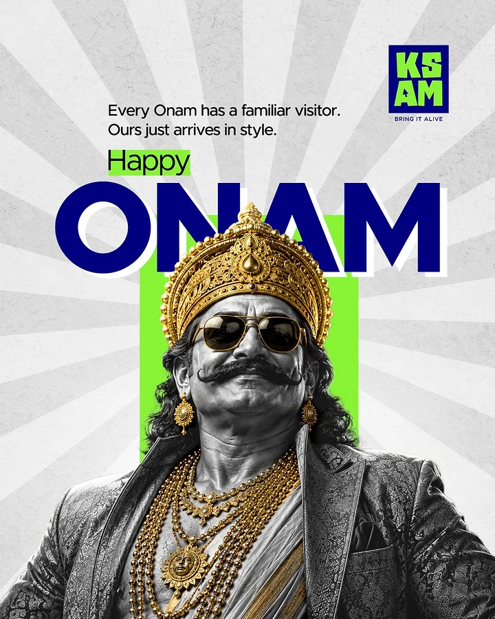 Onam creative ad: Monochrome Mahabali in aviators and a blazer with a gold crown