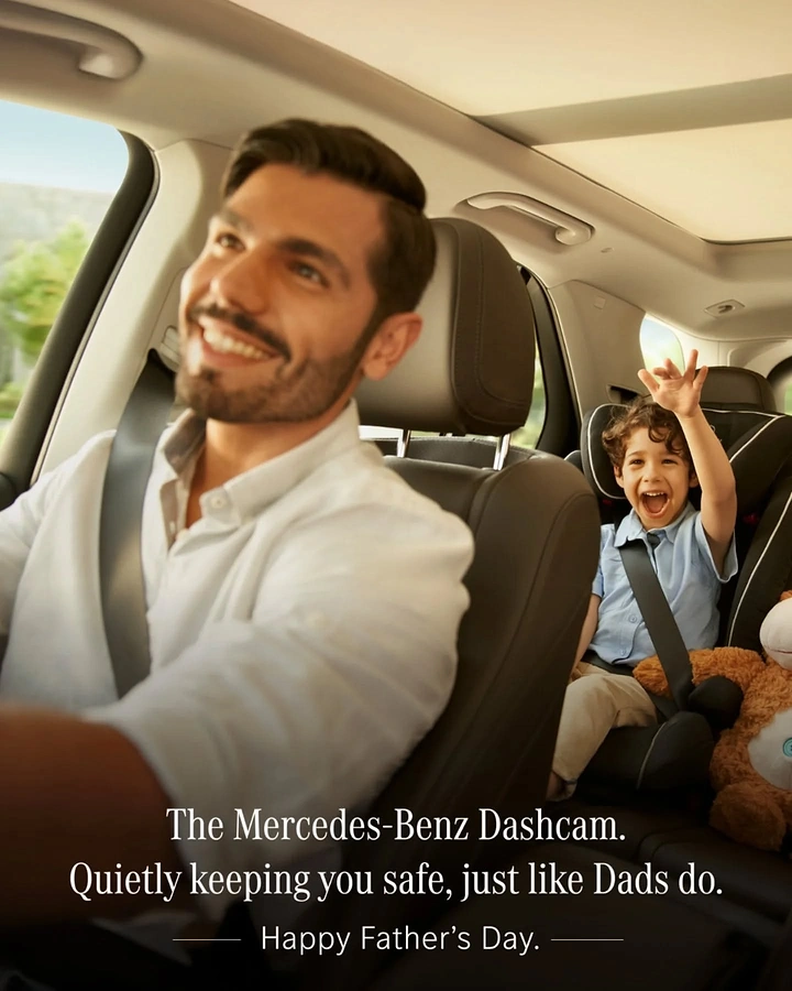 Father's Day creative ad: Smiling father driving while an excited son waves from a rear car seat