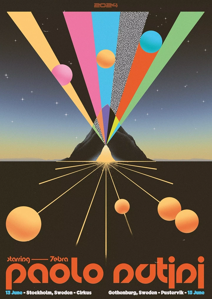 Creative ad: Rainbow beams bursting from a mountain peak under a starry sky