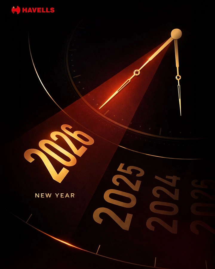 New Year creative ad: Giant clock hand casting a light beam onto 2026