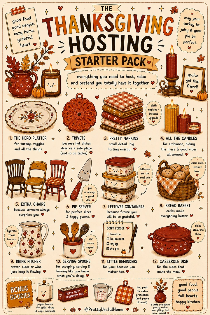 Thanksgiving creative ad: Illustrated grid of Thanksgiving hosting essentials with smiling faces