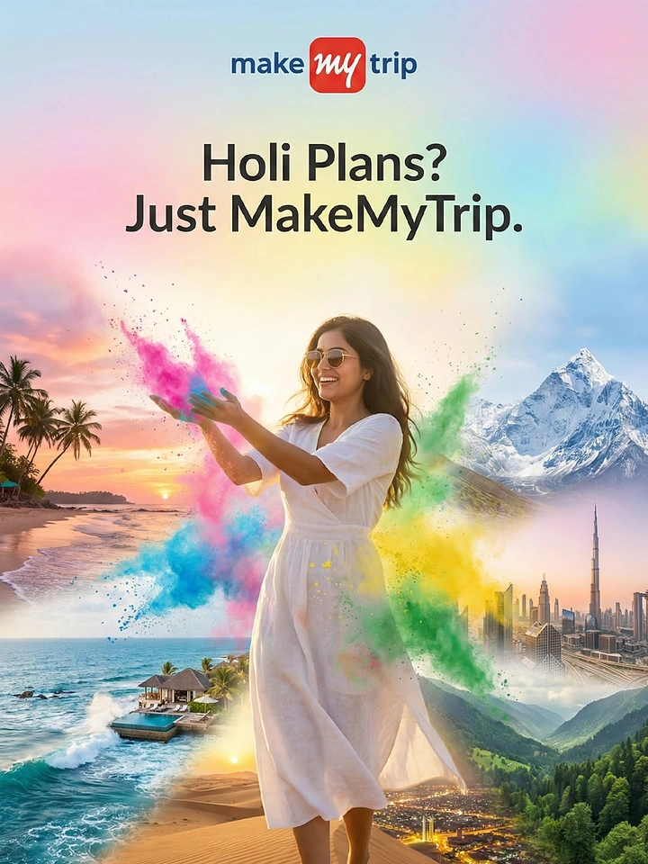 Holi creative ad: Smiling woman in a white dress throwing rainbow colour powder amid travel destinations