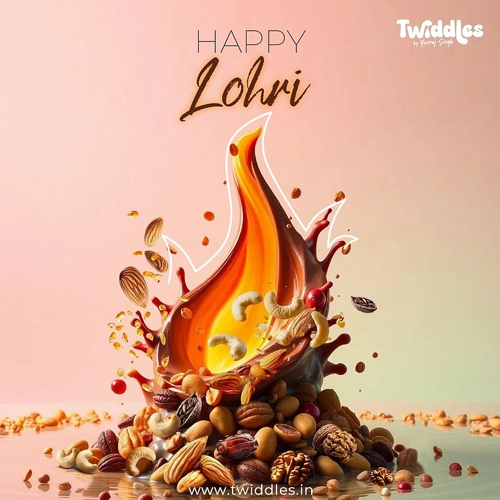 Lohri creative ad: Splash of chocolate and caramel shaped like a bonfire flame over a pile of nuts
