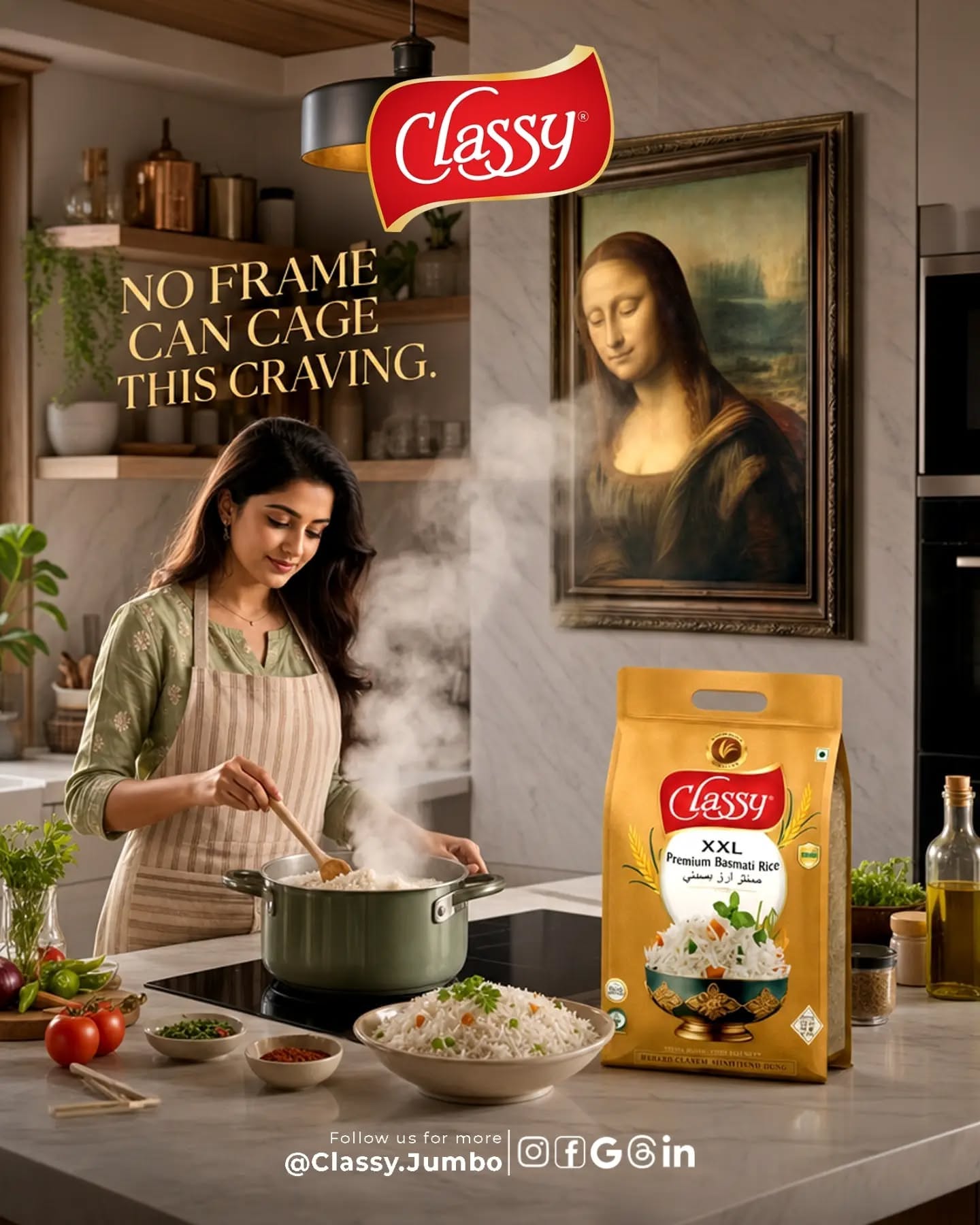Carousel: Woman cooking rice as a famous portrait in a frame leans toward the steam, slide 1
