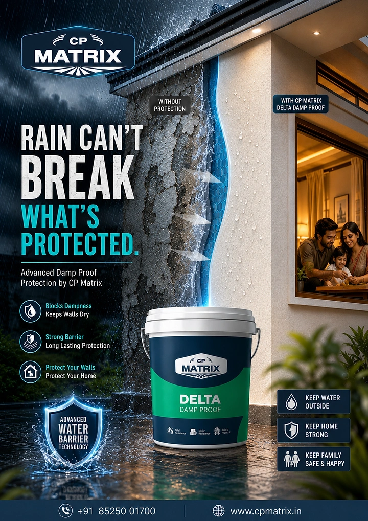 Waterproofing creative ad: Waterproofing bucket in front of a split wall comparing damp and protected sides