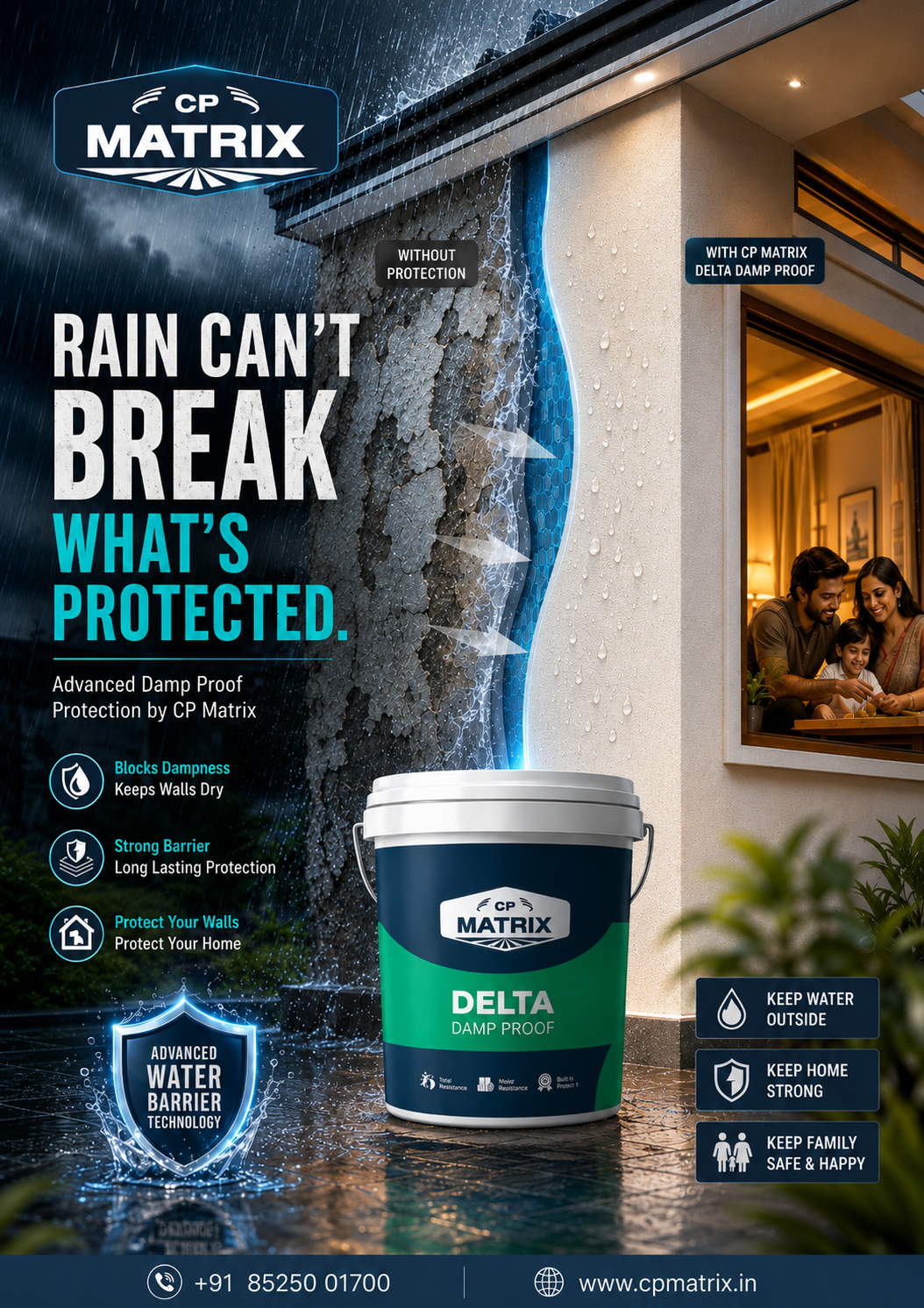 Poster: Waterproofing bucket in front of a split wall comparing damp and protected sides